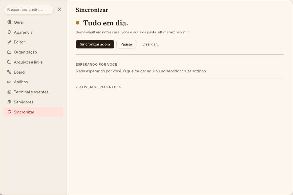 O painel Sincronizar dos ajustes do Verso, com o título “Tudo em dia.”, a linha “demo-vault em notas.casa · você é dona da pasta · última vez há 2 min”, os botões Sincronizar agora, Pausar e Desligar, e a seção Esperando por você, vazia.