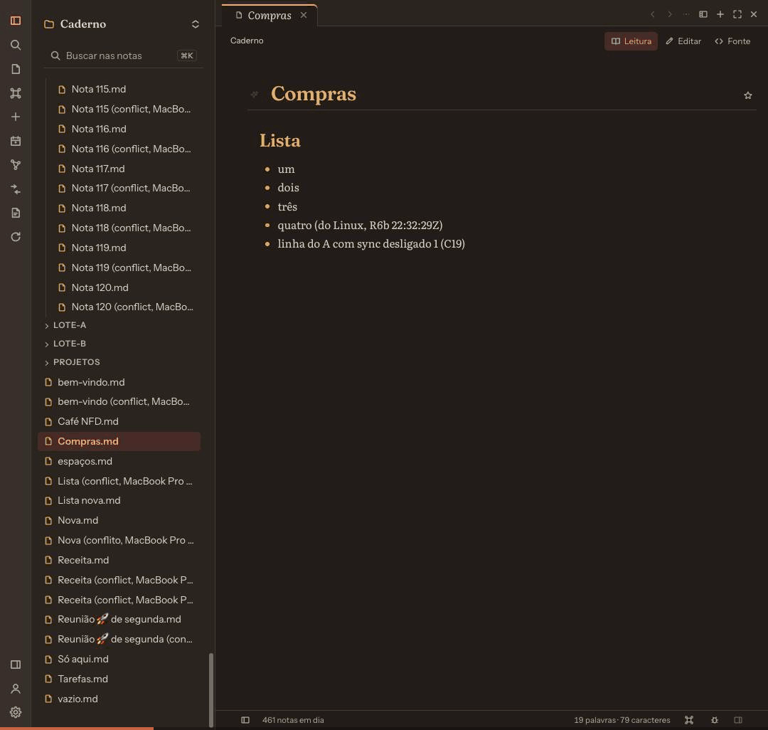 A nota “Compras” aberta no navegador, no tema escuro, com uma lista. Uma nova linha, escrita em outro computador, aparece no fim: “escrito no Mac B às 22:02:52, visto no navegador em segundos”.